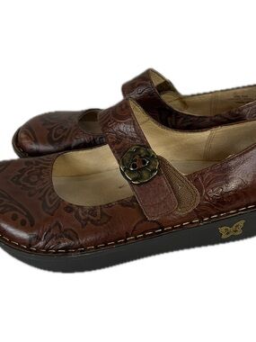 Algeria Paloma Brown Leather  Floral Embossed Mary Jane women Comfortv Shoes